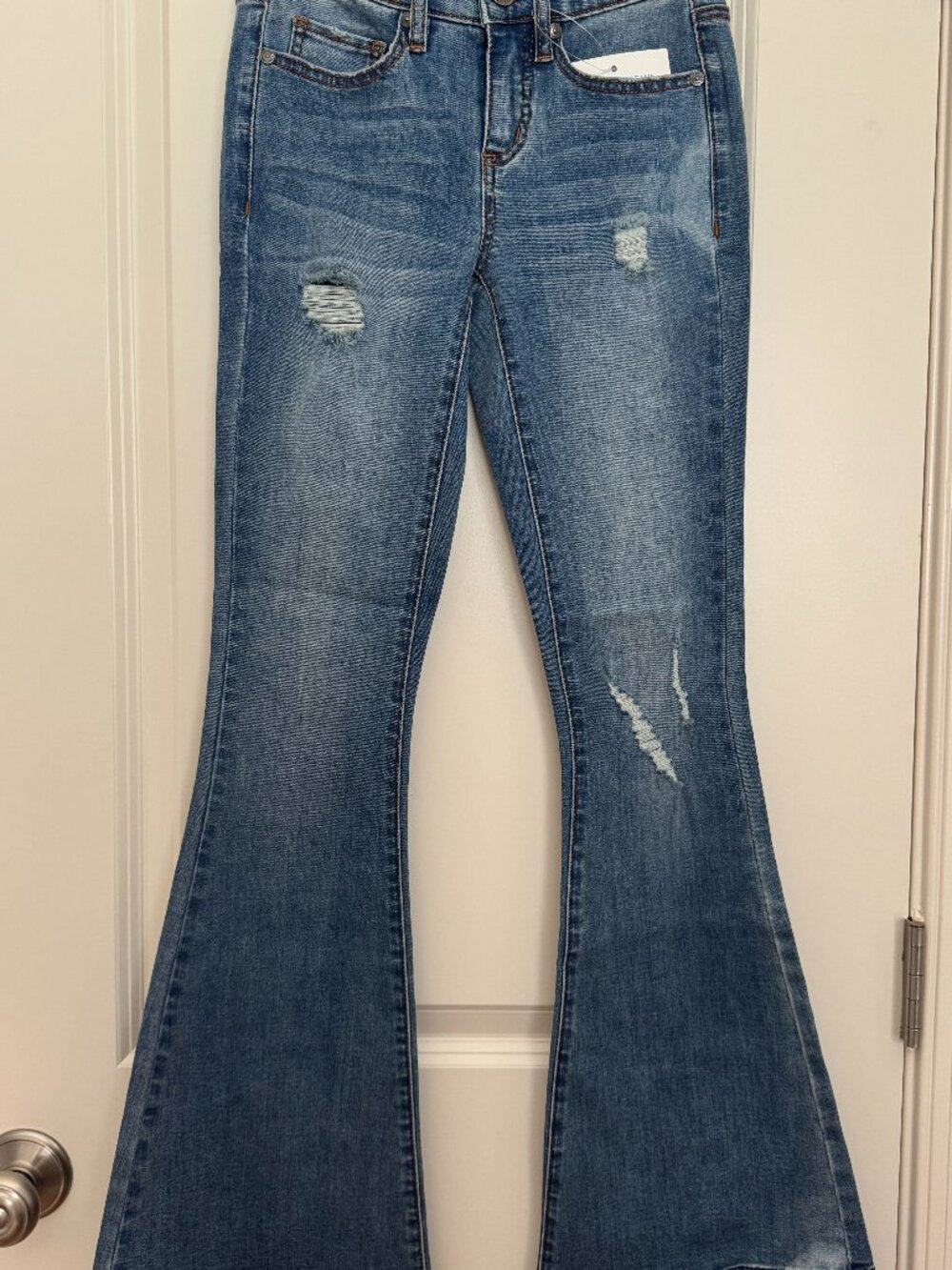 True Luck Medium Wash Flare Jeans Factory Distressed Sz 0